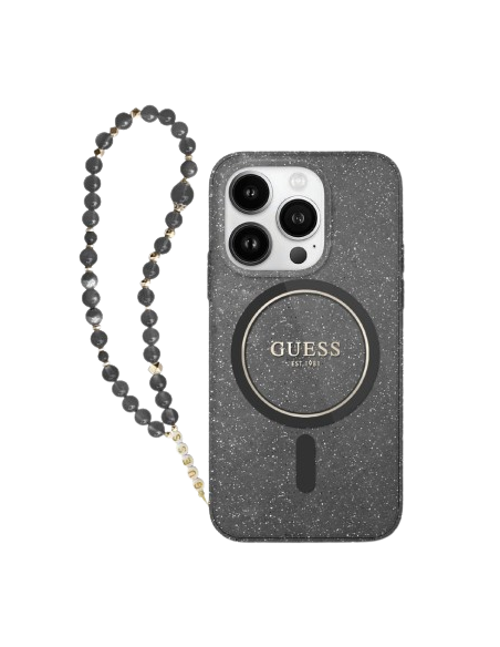 GUESS CARCASA MAGSAFE GLITTER PEARL STRAP IPHONE 16 PRO NEGRO
