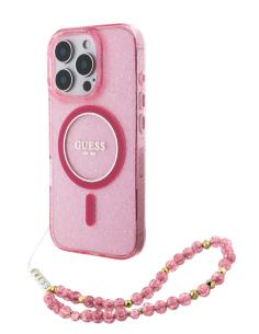 GUESS CARCASA MAGSAFE GLITTER PEARL STRAP IPHONE 16 PRO ROSA