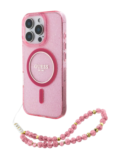 GUESS CARCASA MAGSAFE GLITTER PEARL STRAP IPHONE 16 PRO ROSA
