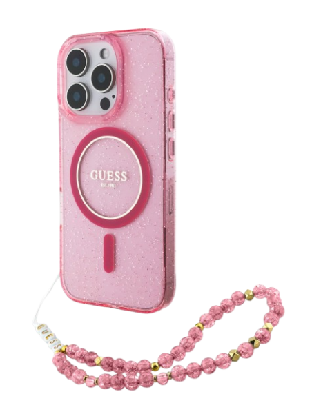 GUESS CARCASA MAGSAFE GLITTER PEARL STRAP IPHONE 16 PRO ROSA