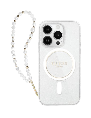 GUESS CARCASA MAGSAFE GLITTER PEARL STRAP IPHONE 16 PRO TRANSPARENTE