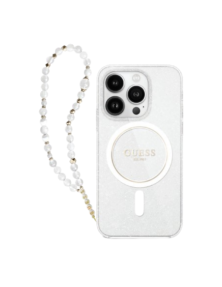 GUESS CARCASA MAGSAFE GLITTER PEARL STRAP IPHONE 16 PRO TRANSPARENTE