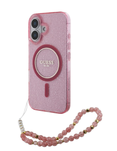 GUESS CARCASA MAGSAFE GLITTER PEARL STRAP IPHONE 16 ROSA