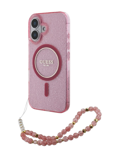 GUESS CARCASA MAGSAFE GLITTER PEARL STRAP IPHONE 16 ROSA