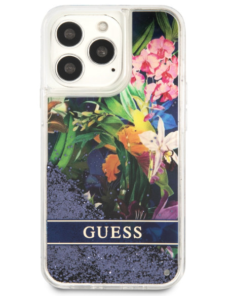GUESS CARCASA GLITTER FLOWER IPHONE 13 PRO AZUL