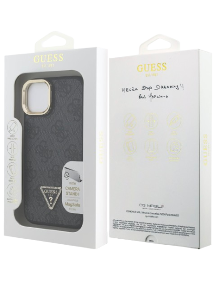 GUESS CARCASA MAGSAFE 4G TRIANGLE SOPORTE CAMARA IPHONE 15 NEGRO