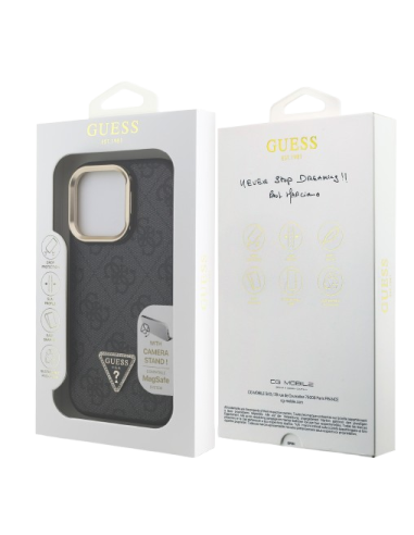 GUESS CARCASA MAGSAFE 4G TRIANGLE SOPORTE CAMARA IPHONE 15 PRO MAX NEGRO
