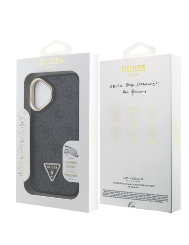 GUESS CARCASA MAGSAFE 4G TRIANGLE SOPORTE CAMARA IPHONE 16 NEGRO