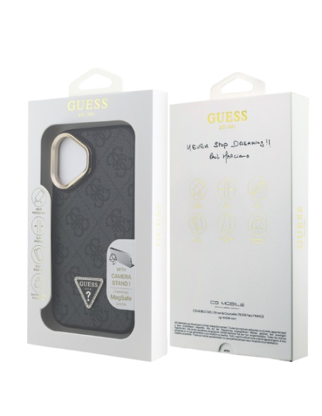 GUESS CARCASA MAGSAFE 4G TRIANGLE SOPORTE CAMARA IPHONE 16 NEGRO