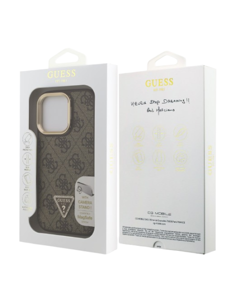 GUESS CARCASA MAGSAFE 4G TRIANGLE SOPORTE CAMARA IPHONE 16 PRO MAX MARRON