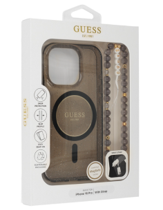 GUESS CARCASA MAGSAFE GLITTER PEARL STRAP IPHONE 16 PRO NEGRO 2
