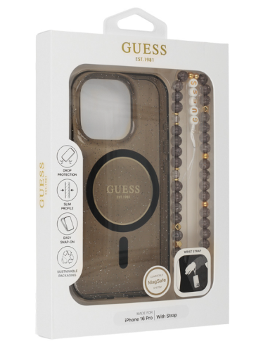 GUESS CARCASA MAGSAFE GLITTER PEARL STRAP IPHONE 16 PRO NEGRO