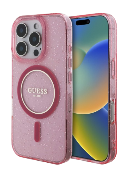 GUESS CARCASA MAGSAFE GLITTER PEARL STRAP IPHONE 16 PRO ROSA