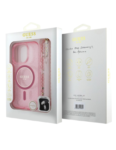 GUESS CARCASA MAGSAFE GLITTER PEARL STRAP IPHONE 16 PRO ROSA