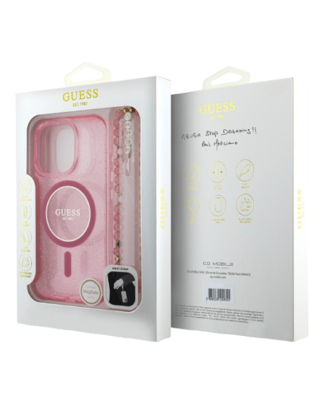 GUESS CARCASA MAGSAFE GLITTER PEARL STRAP IPHONE 16 PRO ROSA