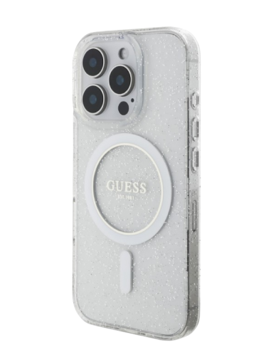 GUESS CARCASA MAGSAFE GLITTER PEARL STRAP IPHONE 16 PRO TRANSPARENTE