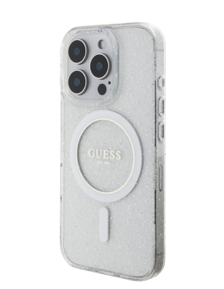 GUESS CARCASA MAGSAFE GLITTER PEARL STRAP IPHONE 16 PRO TRANSPARENTE