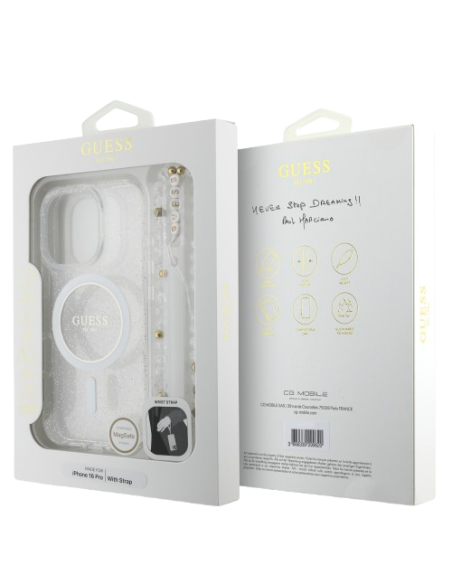 GUESS CARCASA MAGSAFE GLITTER PEARL STRAP IPHONE 16 PRO TRANSPARENTE