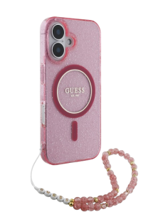 GUESS CARCASA MAGSAFE GLITTER PEARL STRAP IPHONE 16 ROSA 2