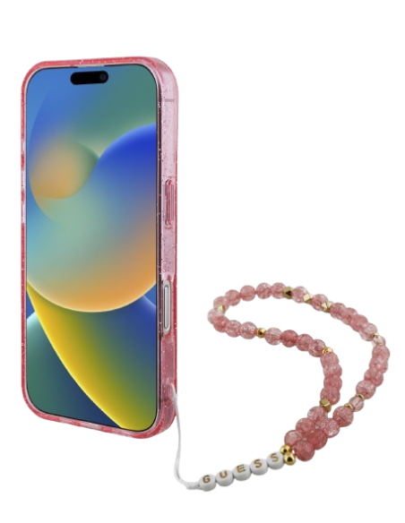 GUESS CARCASA MAGSAFE GLITTER PEARL STRAP IPHONE 16 ROSA