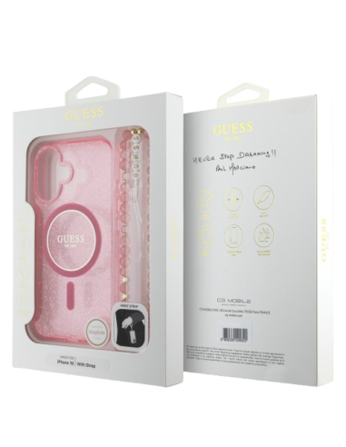 GUESS CARCASA MAGSAFE GLITTER PEARL STRAP IPHONE 16 ROSA