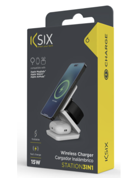 KSIX CARGADOR INDUCCION CUBE PLEGABLE 15W 3 EN 1 BLANCO