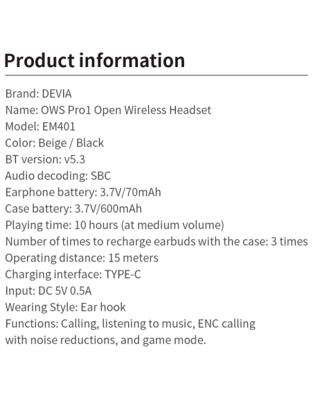 DEVIA AURICULAR BLUETOOTH OWS PRO1 BEIGE