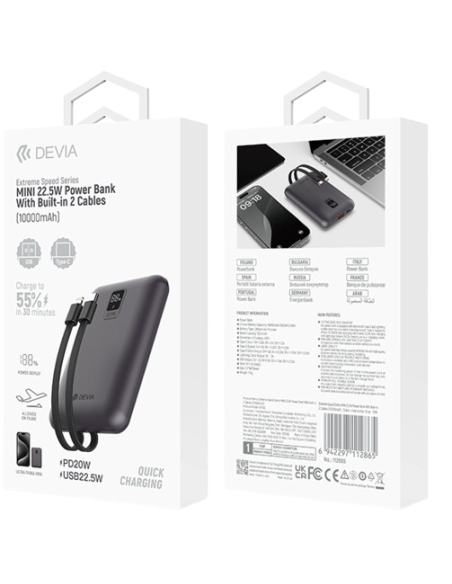 DEVIA BATERIA AUXILIAR MINI 10000mAh 22,5W + 2 CABLES NEGRO