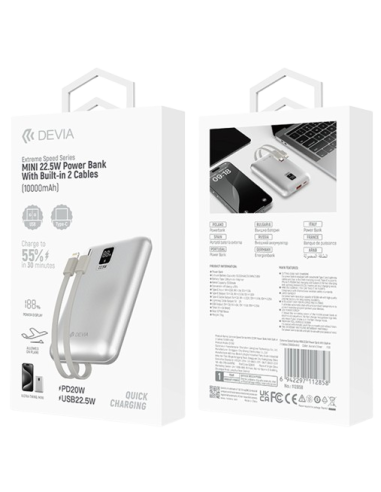 DEVIA BATERIA AUXILIAR MINI 10000mAh 22,5W + 2 CABLES PLATA