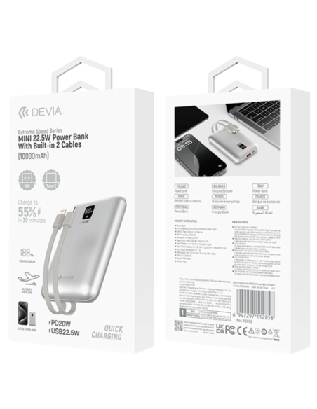 DEVIA BATERIA AUXILIAR MINI 10000mAh 22,5W + 2 CABLES PLATA