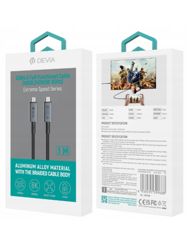 DEVIA CABLE EXTREME C-C 240W PD 40G BPS 8K 60Hz 1M NEGRO