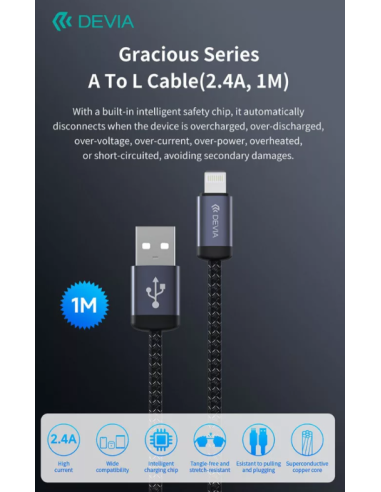 DEVIA CABLE GRACIOUS USB - LIGHTNING 2.4A V2 1M NEGRO