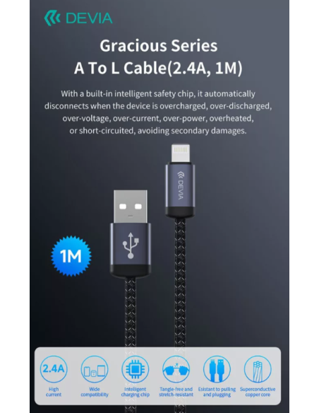 DEVIA CABLE GRACIOUS USB - LIGHTNING 2.4A V2 1M NEGRO