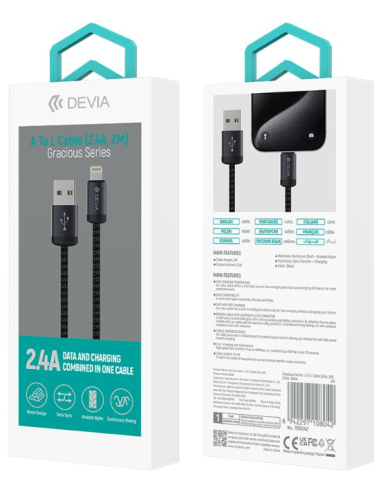 DEVIA CABLE GRACIOUS USB A - LIGHTNING 2.4A 2m NEGRO