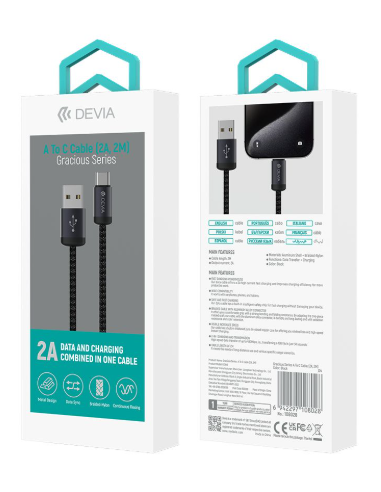 DEVIA CABLE GRACIOUS USB A - TIPO C 2A 2m NEGRO