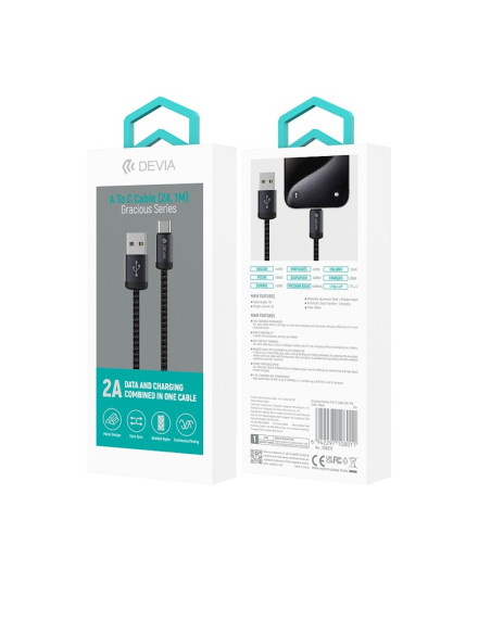DEVIA CABLE GRACIOUS USB A - TIPO C 2A V2 1M NEGRO