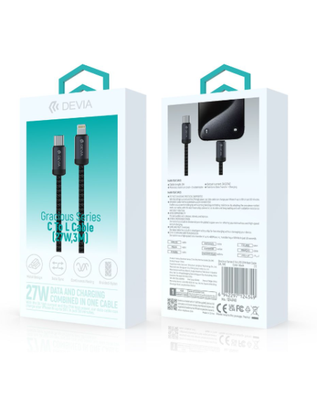 DEVIA CABLE GRACIOUS USB C - LIGHTNING PD 27W 3A 3m NEGRO