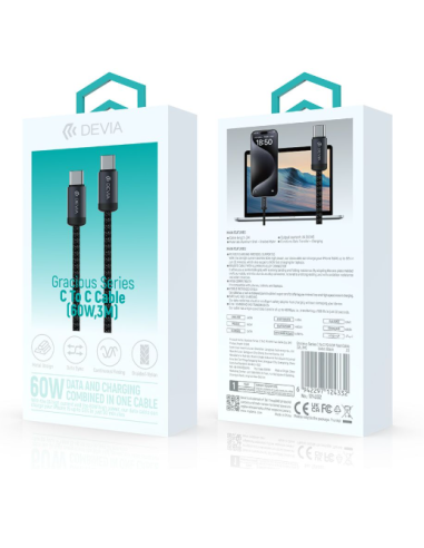 DEVIA CABLE GRACIOUS USB C - USB C 3A PD 60W 3m NEGRO