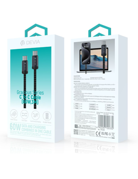 DEVIA CABLE GRACIOUS USB C - USB C 3A PD 60W 3m NEGRO