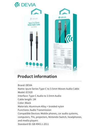 DEVIA CABLE IPURE JACK-USB-C 3.5mm WOVEN 1M NEGRO