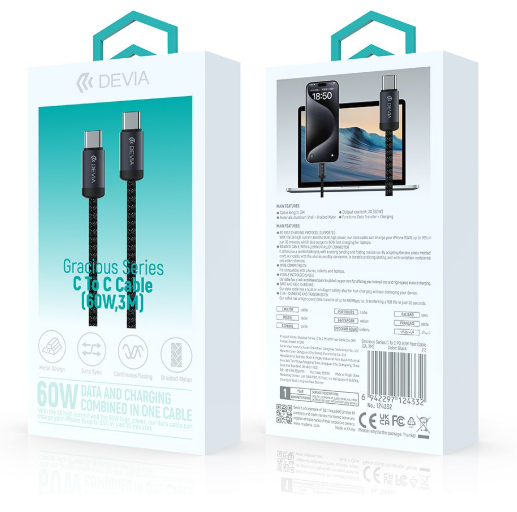 DEVIA CABLE GRACIOUS USB C - USB C 3A PD 60W 3m NEGRO