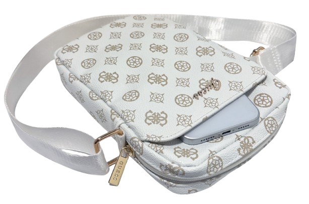 GUESS BANDOLERA 8" PEONY SCRIPT BLANCO