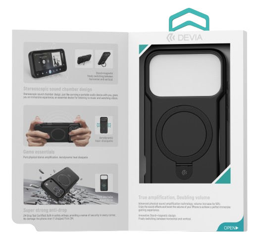 DEVIA CARCASA MAGNETIC SOUNDBOOST SOPORTE IPHONE 17 PRO NEGRO