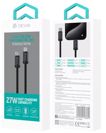 DEVIA CABLE GRACIOUS PD USBc  LIGHTNING 27W 2M NEGRO