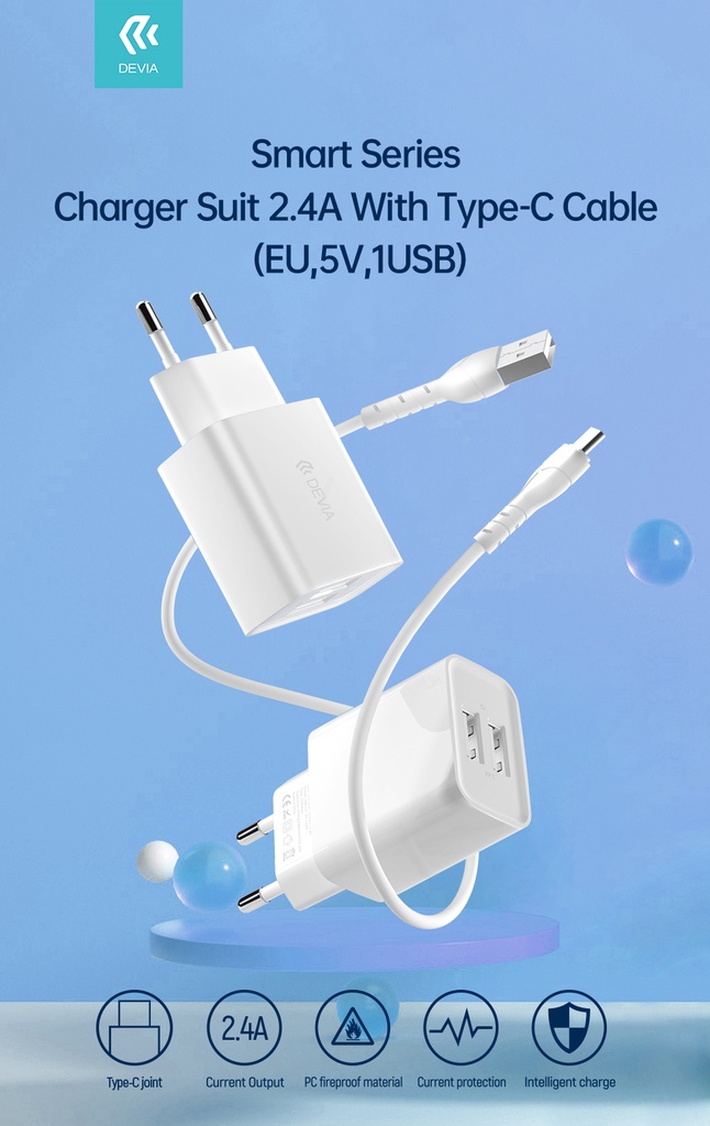 DEVIA cargador DUAL USB 2.4A FAST CHARGE mas cable tipo C blanco