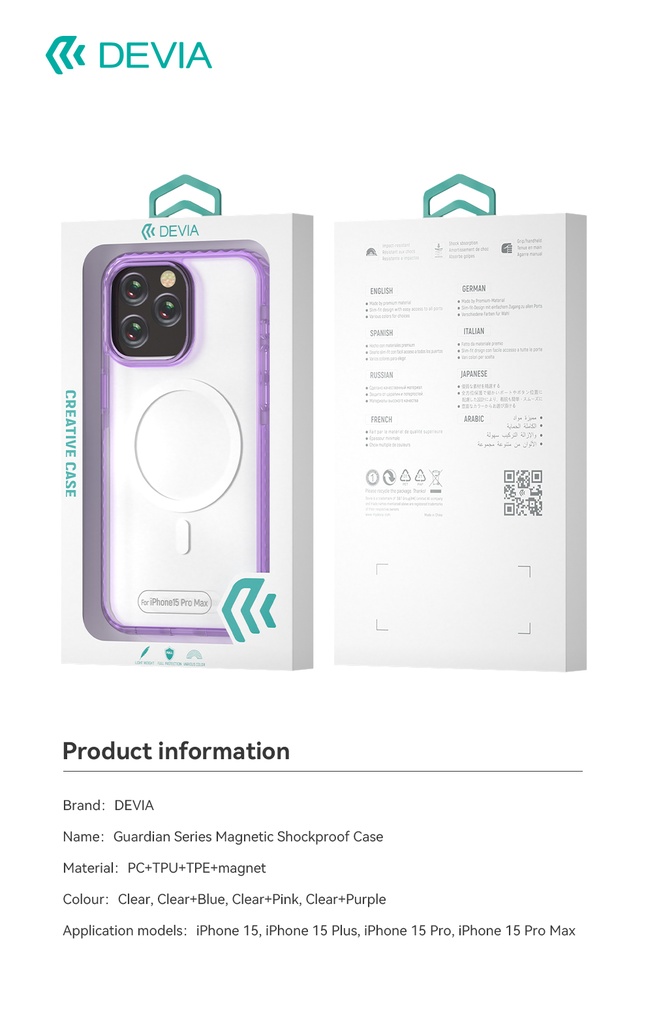 DEVIA CARCASA GUARDIAN MAGSAFE IPHONE 15 PRO LILA