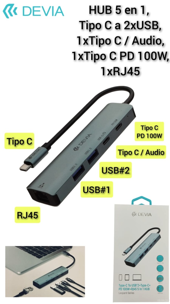 DEVIA HUB 5 EN 1 TIPO C USBx2/RJ45/PD100W GRIS