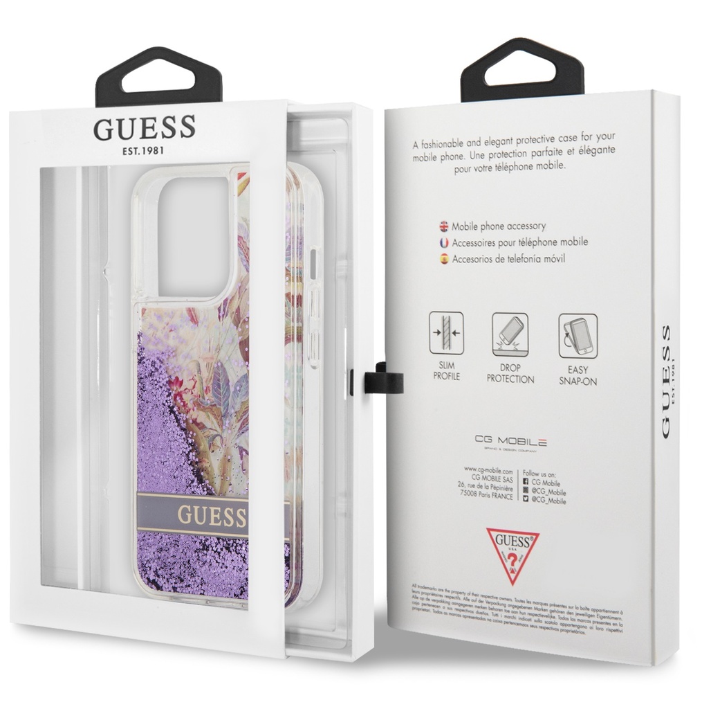 GUESS carcasa GLITTER FLOWER iphone 13 PRO LILA
