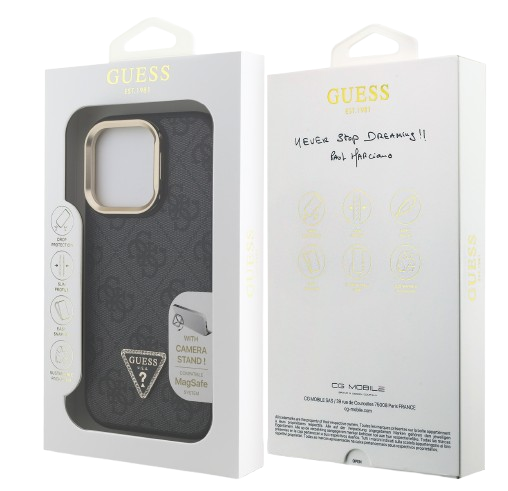 GUESS CARCASA MAGSAFE 4G TRIANGLE SOPORTE CAMARA IPHONE 15 PRO MAX NEGRO