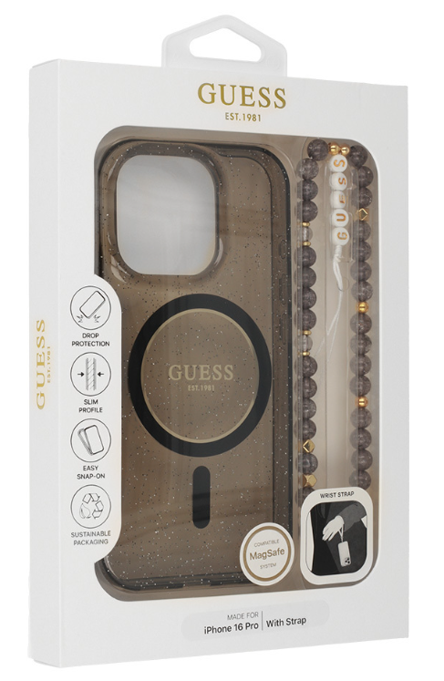GUESS CARCASA MAGSAFE GLITTER PEARL STRAP IPHONE 16 PRO NEGRO
